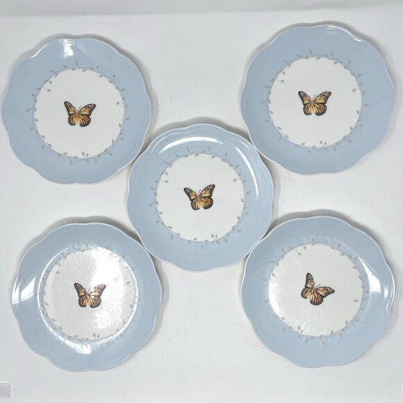 Lenox Butterfly Meadow 8" Scallop Round Dessert/Salad Plates Set Of 5 Pale Blue